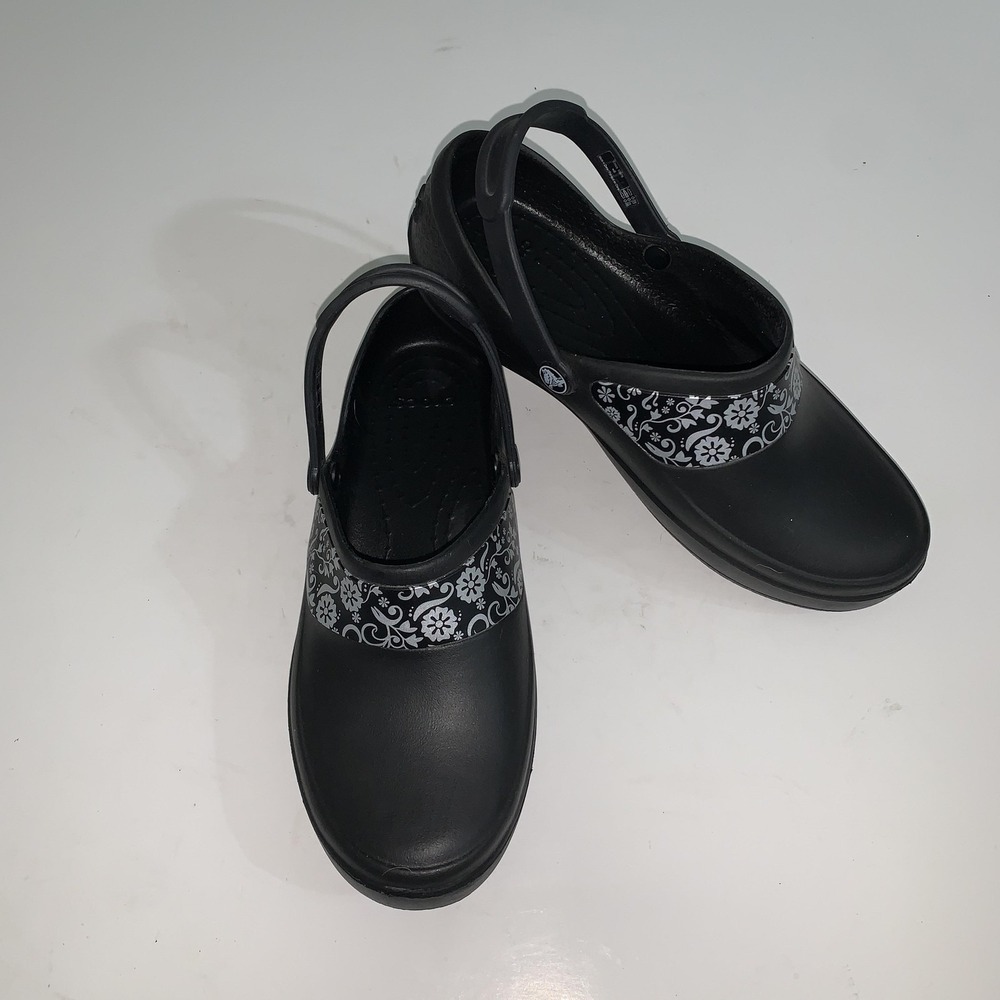 Crocs Clog Shoes Womens Size 9 Black Floral Slip On Comfort Work Slip Resistant